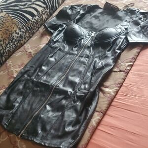 Black Faux Leather Zip-Front Bodycon Dress